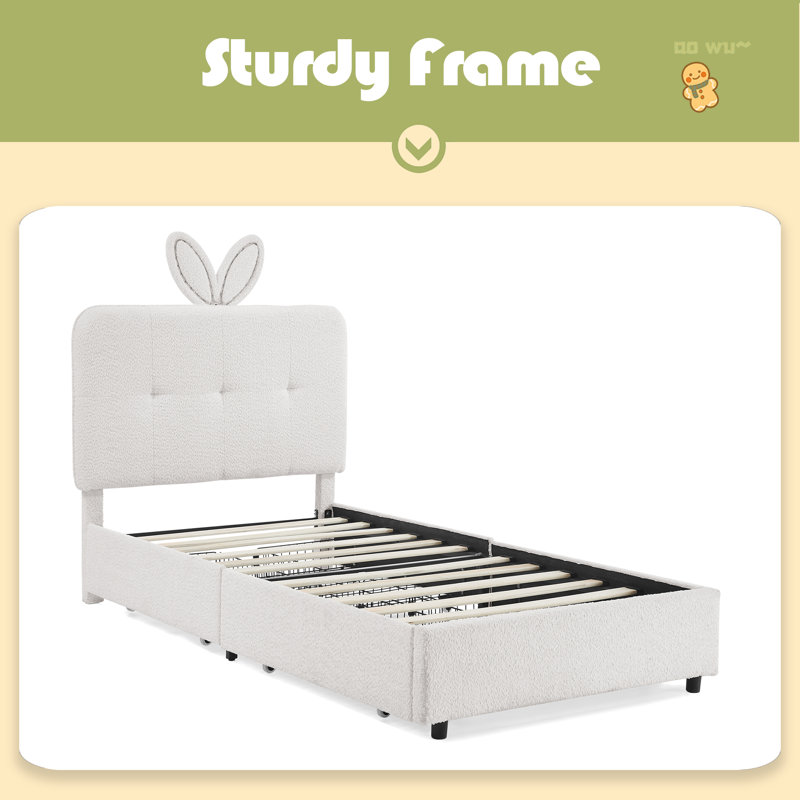 Kids Upholstered Bed With Oversized Rabbit Ear Headboard, LED Light & 4 Storage Drawers, Boucle Fabric, Beige, Twin