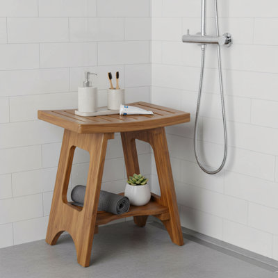 17.6-Inch Waterproof Wooden Shower Stool With Storage Towel Rack, 450 Lbs Weight Capacity, Suitable For Bathroom, Bathtub, Spa, And Leg Scraping.