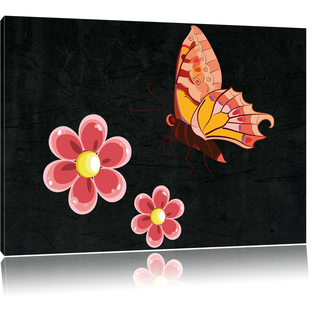 Leinwandbild Hübscher Schmetterling mit Blumen in Rosa/Gelb/Schwarz