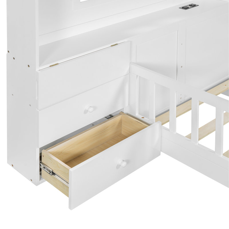 Lit double blanc avec fenêtre, rangement de chevet, étagère et charge pour une chambre à coucher de style esthétique sécuritaire, tiroirs, solution de tablette pour une installation confortable