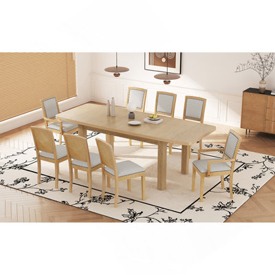 Ensemble de table de salle à manger extensible de 84 pouces avec rallonge amovible de 24 pouces, 6 chaises rembourrées sans accoudoirs et 2 chaises rembourrées, 9 pièces TopMAX