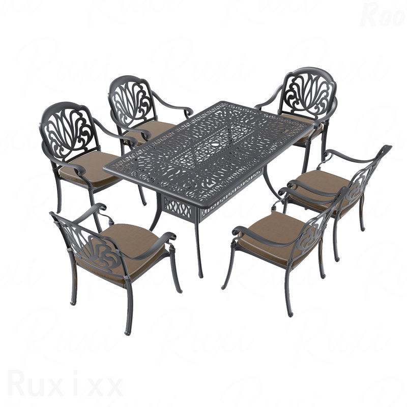 Ensemble de 7 pièces de mobilier de patio en aluminium coulé avec coussins bruns, 7 pièces : table, 6 chaises