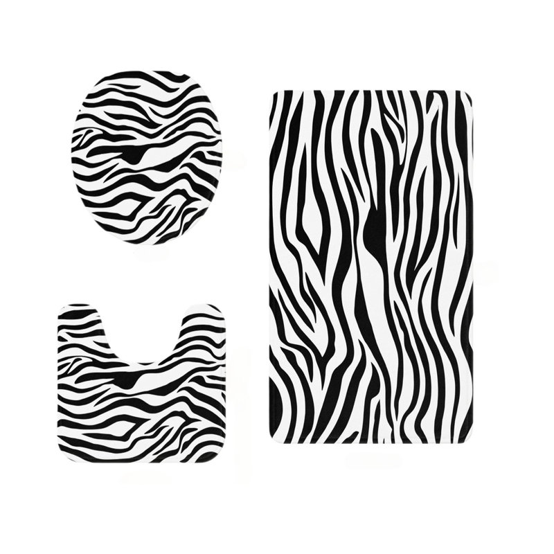 Zebra Stripe Print Set of 3 Shower Bathroom Rug Kit Black