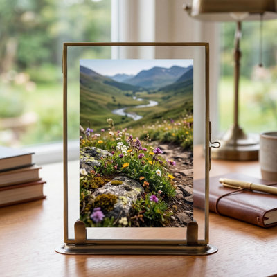 Cadre photo rétro en laiton flottant, verre transparent double couche, base en laiton massif