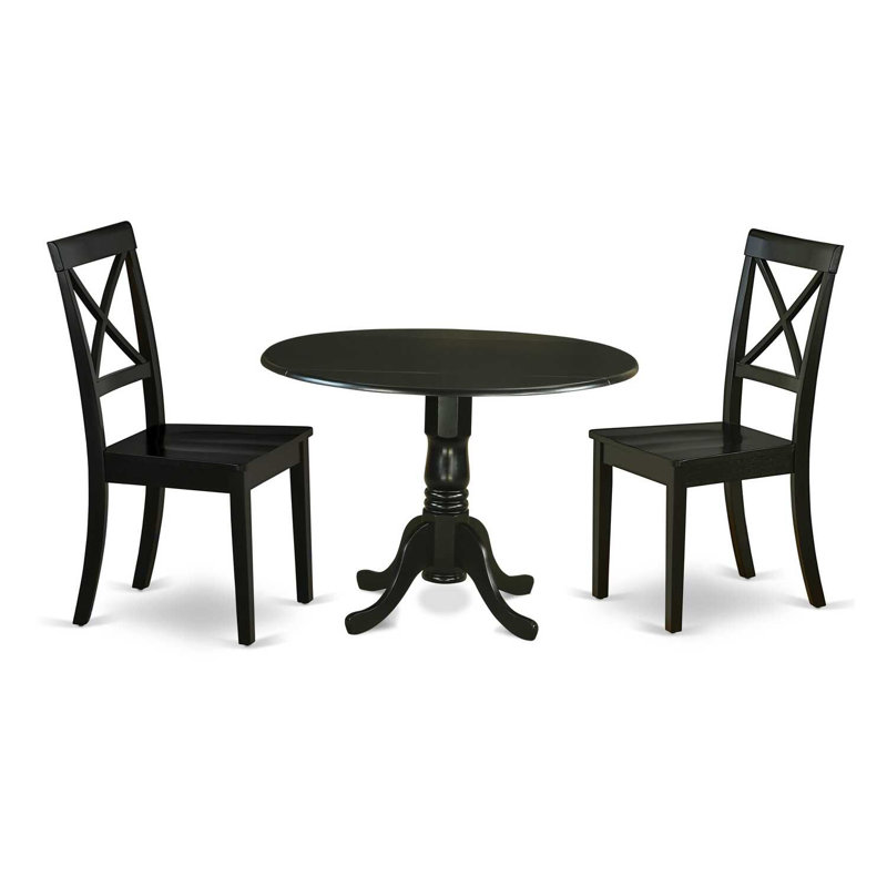 3 Piece Dining Table Set for Small Spaces Contains a Round Dining Room Table with Dropleaf and 2 Wood Seat Chairs, 42x42 Inch, Black
