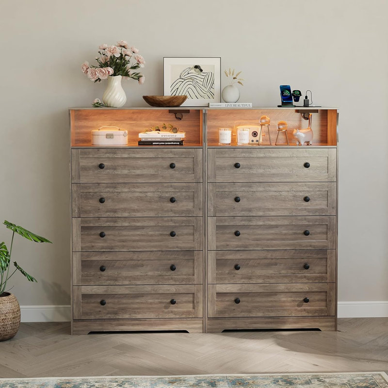 Tall 5-Drawer Wood Dresser with Charging Station & LED Lights, Modern Vertical Chest for Bedroom, Brown