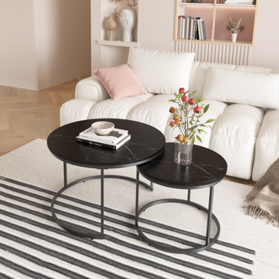 Black Nesting Coffee Table Set (2), Round Wood Marble Pattern Top With Sturdy Metal Frame, End/Side Tables For Living Room And Bedroom | Gift Idea