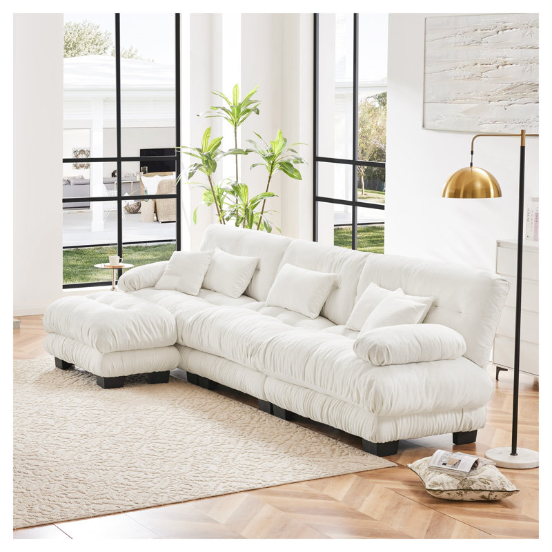 Canapé-lit modulaire en L surdimensionné en chenille blanc avec repose-pieds convertible Cloud, Chenille blanche