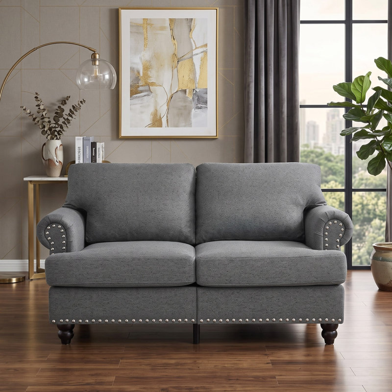 Causeuse à accoudoirs roulés en polyester gris avec garniture cloutée et rangement caché, 2 Seater