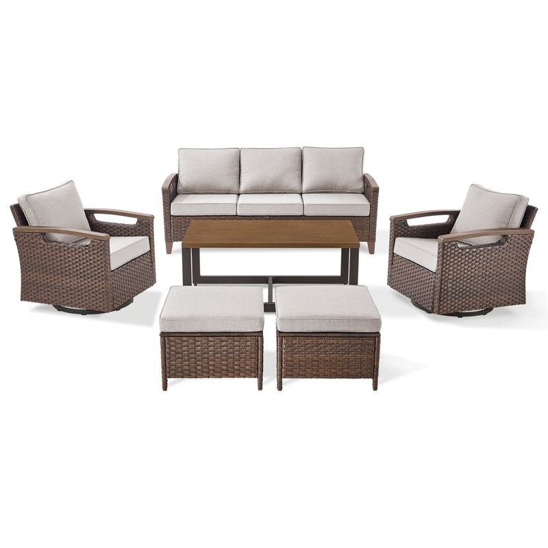 Arundel 6-Pieces Outdoor Patio Wicker Furniture Conversation Set With Coffee Table, Beige