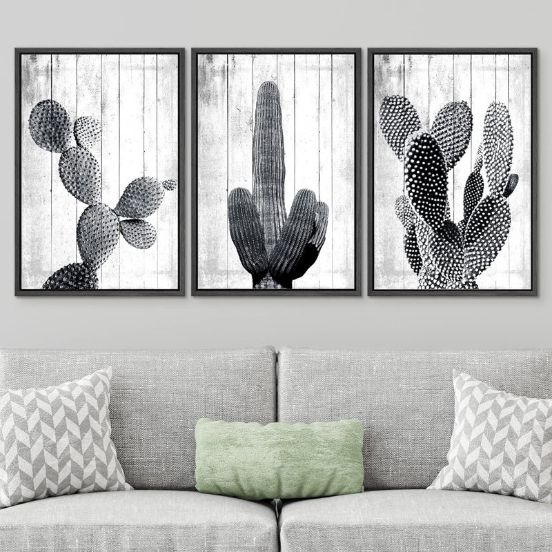 Cactus désert noir et blanc groupes de cactus, impression sur toile, 3 pièces, Noir, H 36 po x l 72 po x P 1,5 po