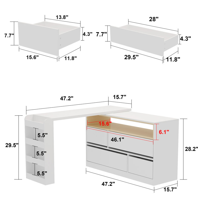 Ballal 4 Drawer Convertible Vanity Table with Side Shelves, White