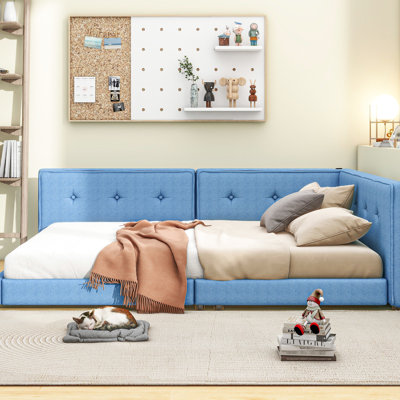 Lit plateforme tapissier double avec ports, bleu - élégance moderne pour la taille de la chambre à coucher en charge et poids léger