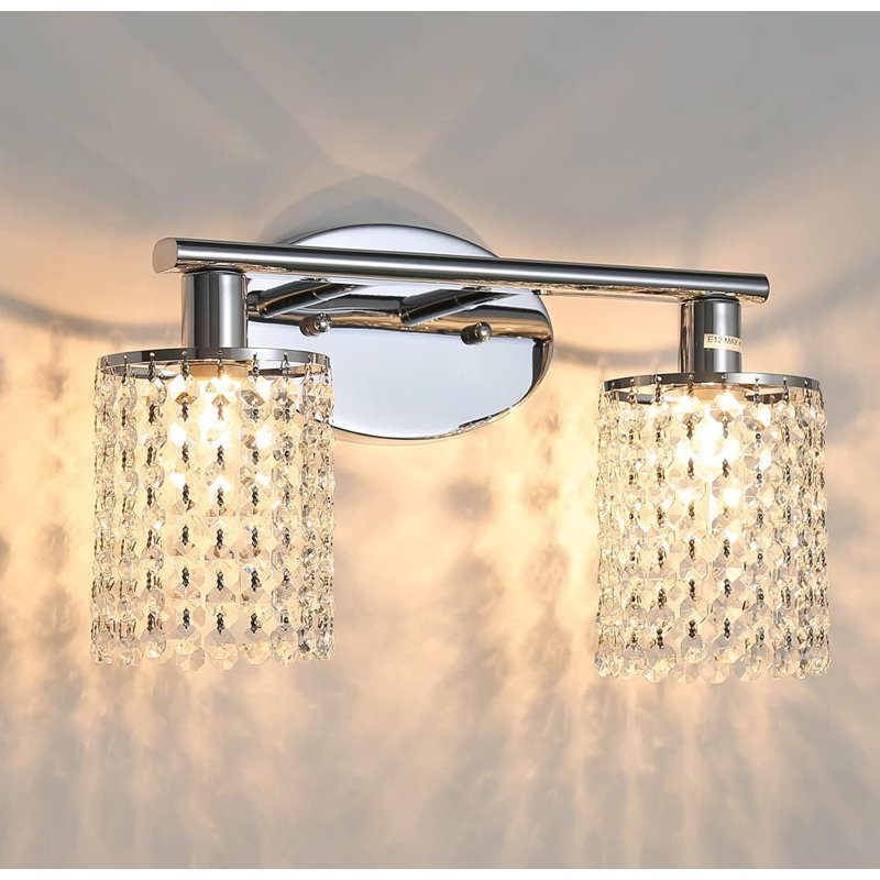 Luminaire de meuble-lavabo moderne avec guirlandes de cristal, applique murale en chrome poli à 2 lumières pour miroir, salon et entrée