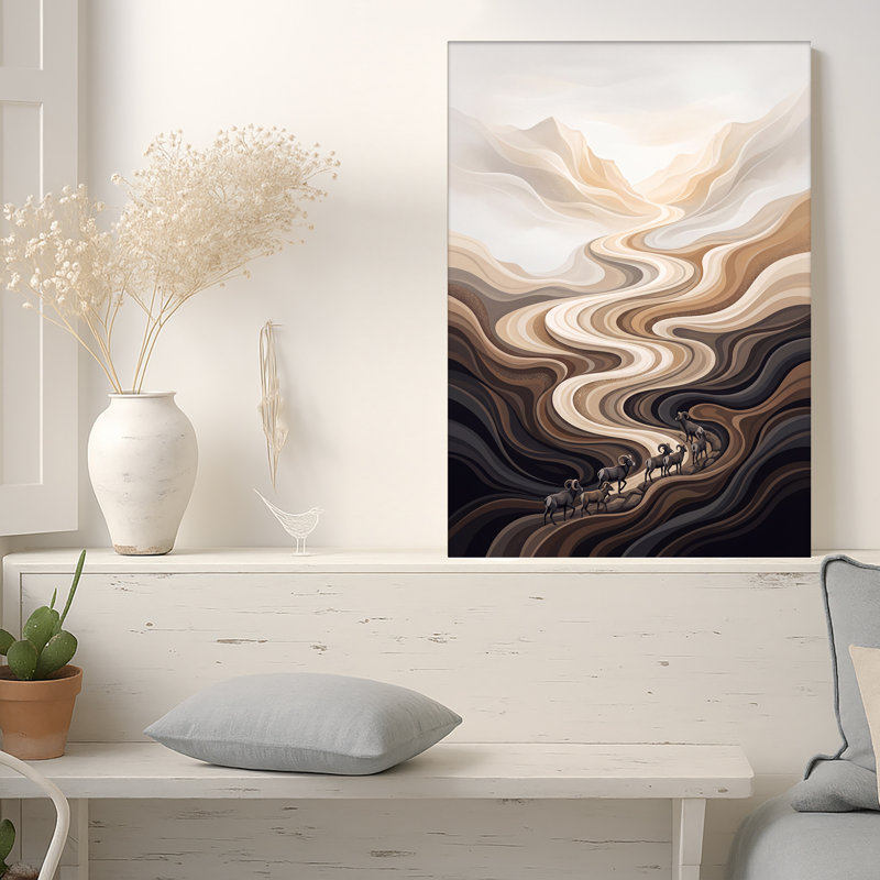 «Bighorn Sheep Herd on Abstract Wavy Earth Tone Mountain», art mural sur toile, 30"H x 20"W