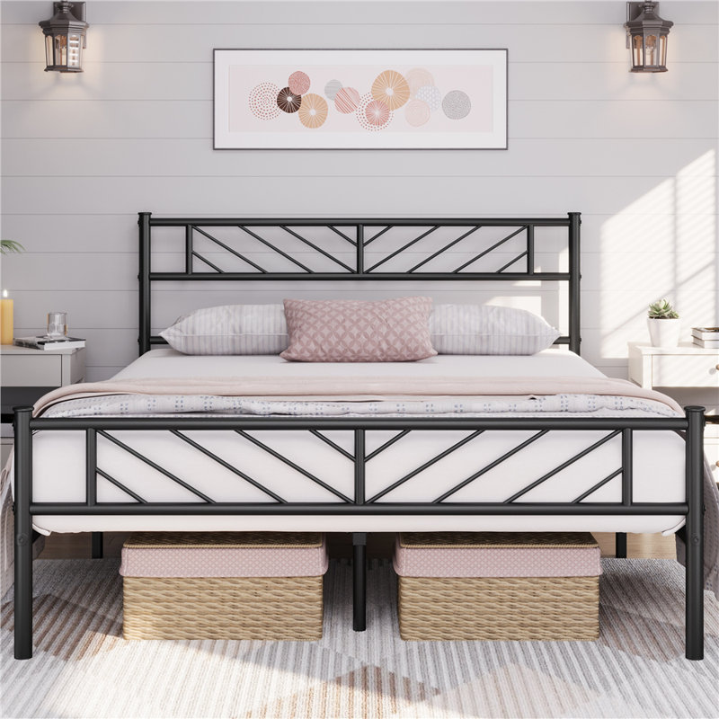Armanni Platform Bed Frame with Design Headboard, Black, Queen