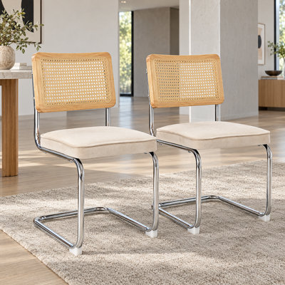 Breuer Inspired Velvet Accent Chairs - Set Of 2, Rattan Back, Steel Frame, Cantilever Design