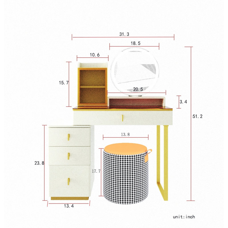 Luxury Led Vanity Table With Storage & Gold Accents – Modern Makeup Desk With Mirror & Stool Jayda Vanity With Mirror And Stool