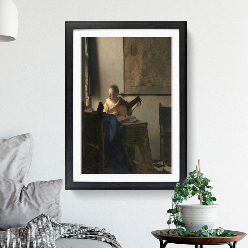 Young Woman with a Lute by Johannes Vermeer - Picture Frame Painting, 48cm H x 36cm W x 2cm D, Black