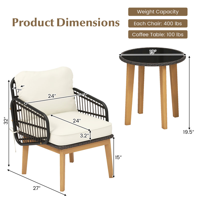 Corrigan Studio® 3 Piece Patio Chair Set Wicker Chair & Side Table Set w/ Soft Cushions & Tempered Glass Tabletop