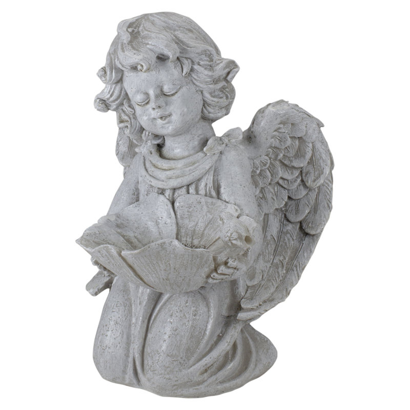 Distressed White and Gray Kneeling Angel Bird Feeder Garden Statue