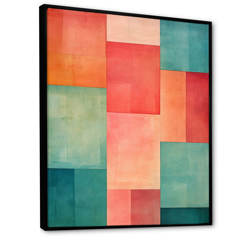 Coral Cubes Melody Shapes II - Abstract Shapes Canvas Art Print, Cadre flottant noir, H 32 po x l 16 po x P 1 po