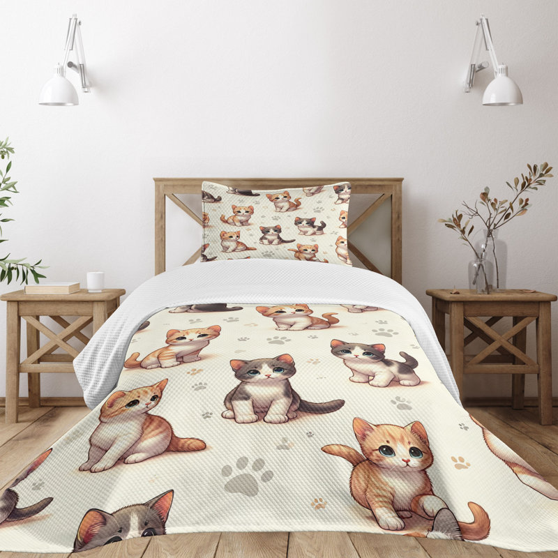 Twin Gray Cat Cartoon Polyester Bedspread Set