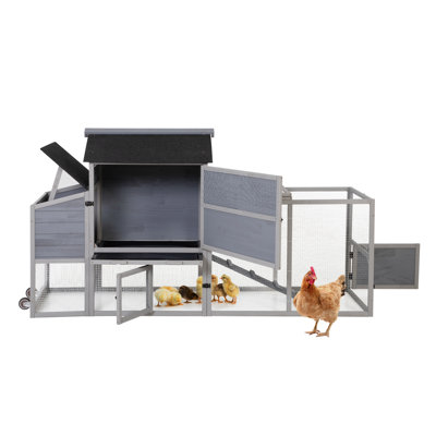 Wooden Chicken Coop, Outdoor Rabbit Hutch with Wheels, Sunshine Board, Asphalt Roof, Ramp, Openable Top, Door, Window, Pull-Out Tray, Indoor Bunny Cage (Grey, Large)