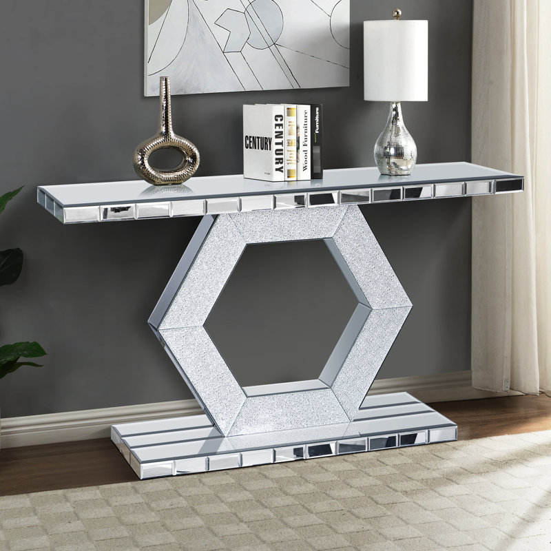 Console à double miroir en verre diamant scintillant avec cadre en bois massif, idéale pour la décoration d'un corridor ou d'un hall d'entrée hexagonal.