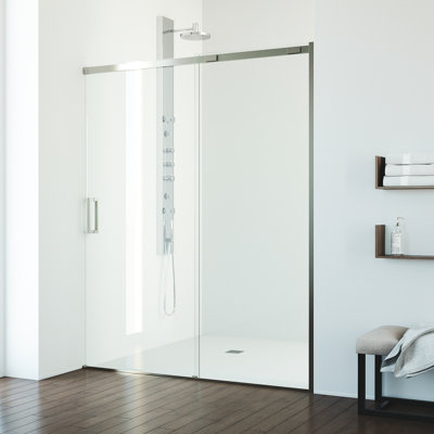 VIGO Amada 56"–60" W x 74" H Frameless Sliding Shower Door in Brushed Nickel with Clear Tempered Glass