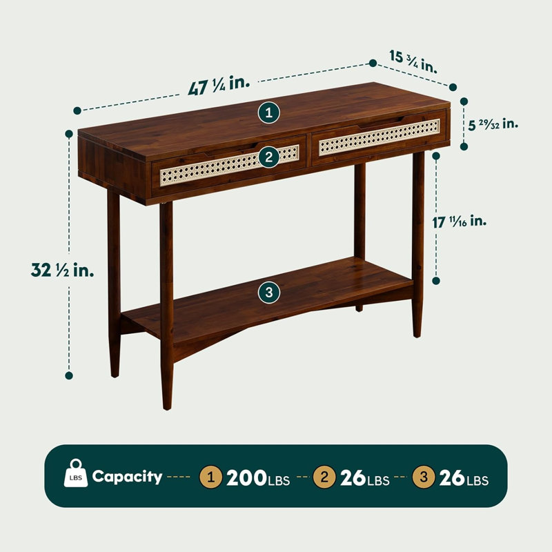  Oliver 47”W Mid-Century Wood Console Table with 2 Drawers, Walnut