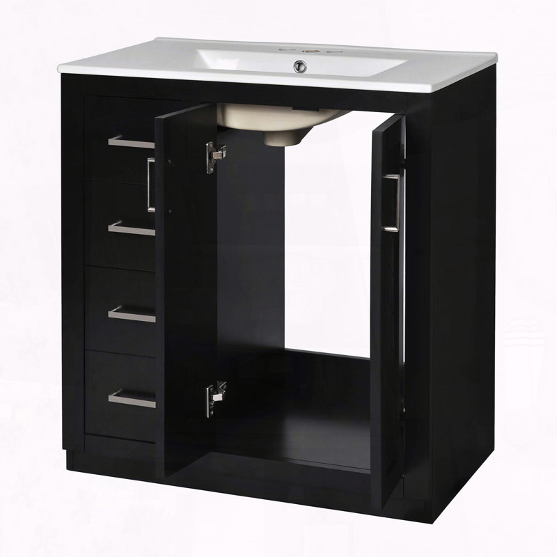 30" Freestanding Bathroom Vanity Set with Ceramic Sink and 3 Drawers, Black