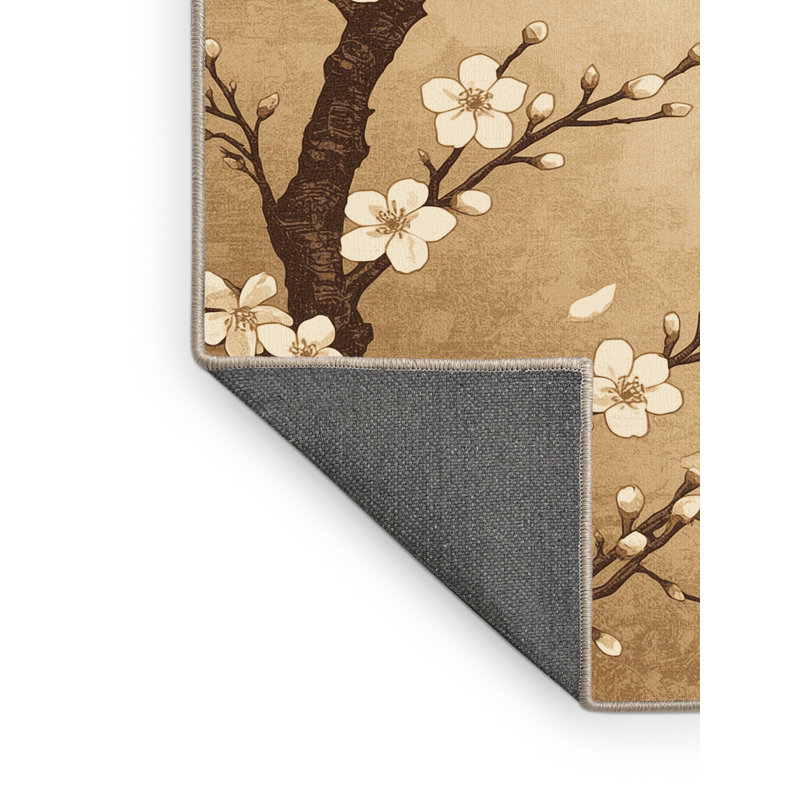 Tapis floral moelleux et doux à motif floral de cerisier en fleurs beige, Rond 8 pi