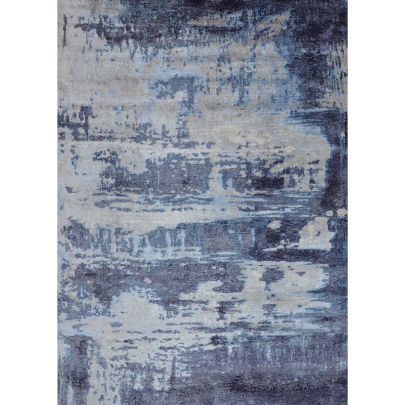 Tapis gris et bleu noué à la main de haute qualité, Rectangle 8 pi x 10 pi