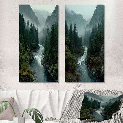 «Morning Mist In The Vancouver Mountains - Forest River Mountains», art mural 2 pièces