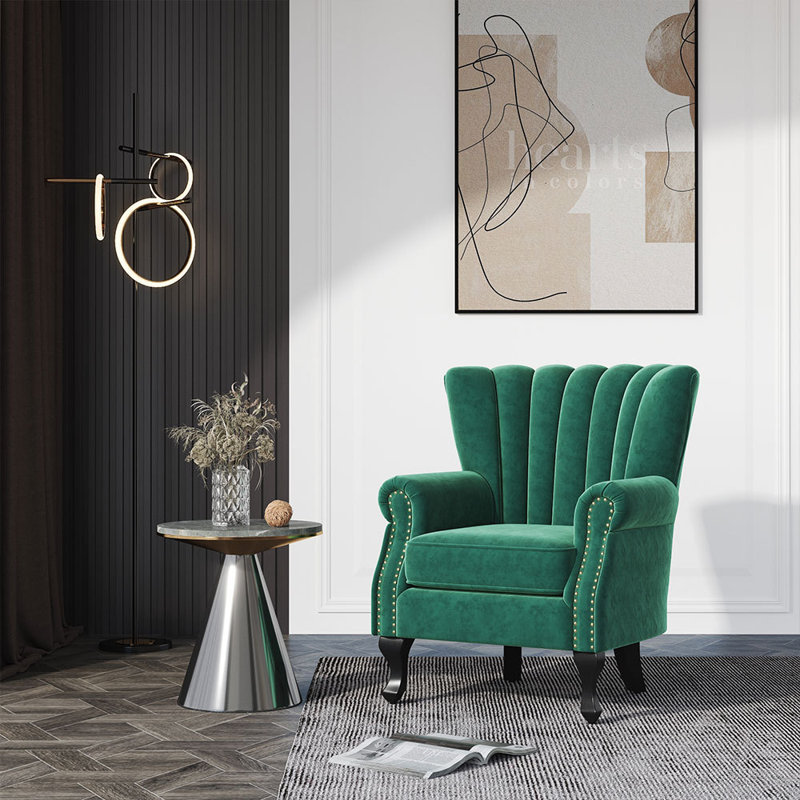 Tamworth 73Cm Wide  Velvet Channel Occasional Armchair Wingback Chair, Green Velvet