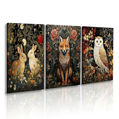 William Morris Wall Art Forest Fox Owl Rabbit Painting Prints Gothic Animal Picture Large Framed Vintage Black Canvas Wall Art For Living Room Moody Dark Academia Wall Decor 16"X24"X3PCS