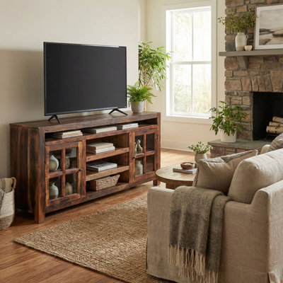 Pacey Reclaimed Solid Mango Wood Media Cabinet – 4 Door Entertainment Console with Glass Panels 