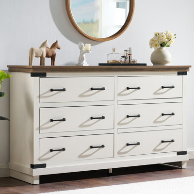 Commode double en bois à 6 tiroirs de 54 po avec plateau de table et décoration en métal, blanc / brun
