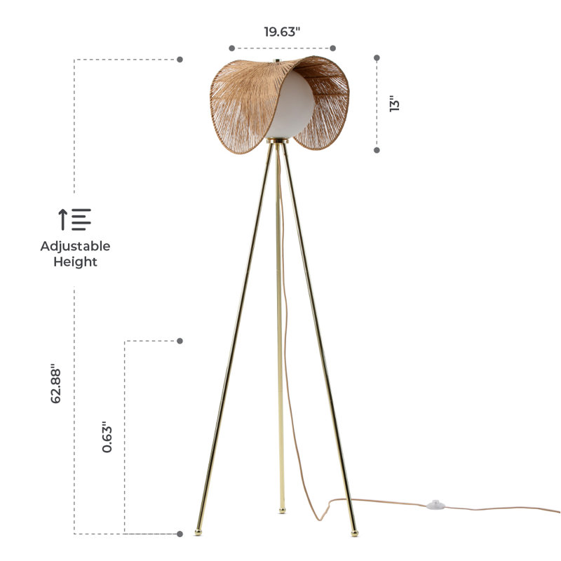 Adjustable Brass Tripod Floor Lamp with Rattan Shade