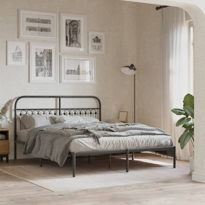 August Grove® Metal Bed Frame With Headboard, Queen, Black