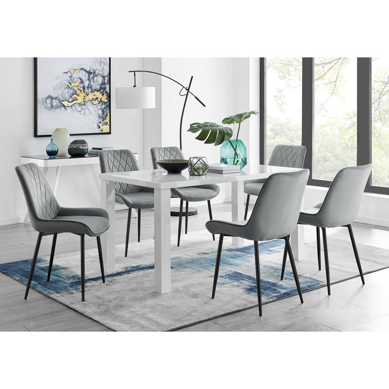 Ensemble de table de salle à manger rectangulaire 6 places avec chaises rembourrées en velours Eubanks, Gris / noir