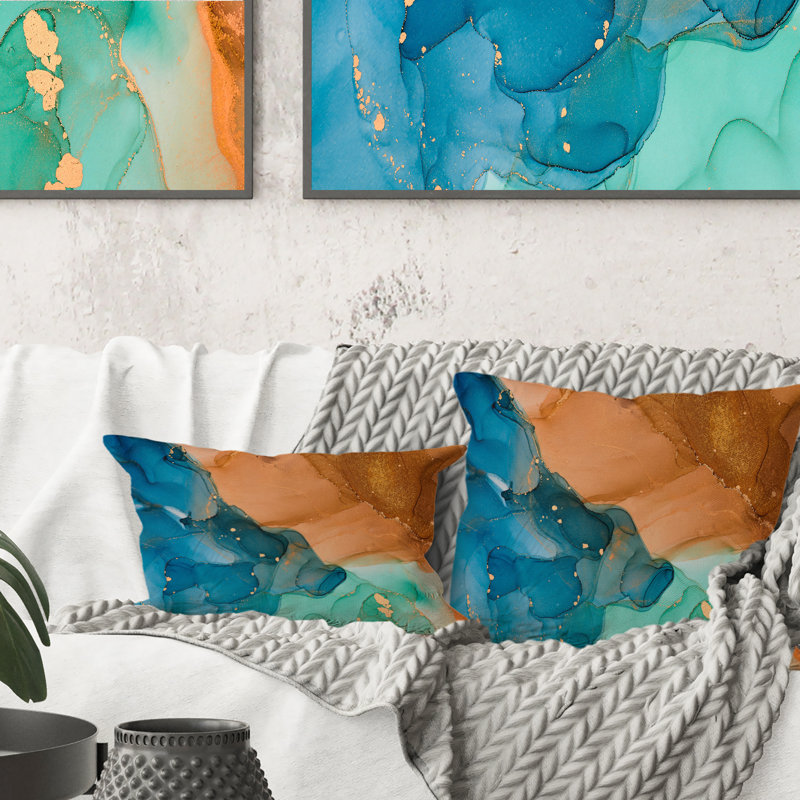 Coussin décoratif à imprimé abstrait brun et bleu, 16 po x 16 po