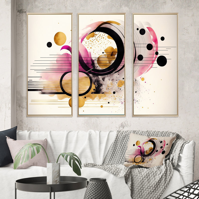 Rose abstrait - 3 pièces sur toile, Encadrement brun, H 32 po x l 48 po x P 1 po