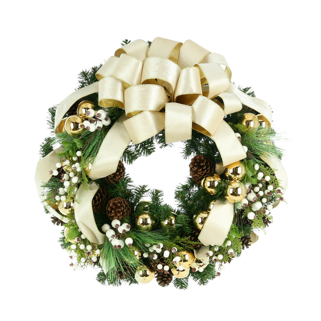 Jolett Cream Ribbon Wreath with Ornaments, Pinecones and Berries The Holiday Aisle®