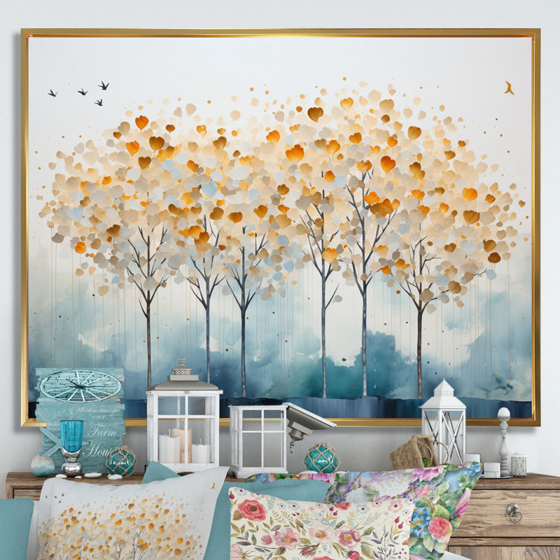 Minimalisme arbre jaune solitude III sur toile, Cadre flottant doré, H 12 po x l 20 po x P 1 po