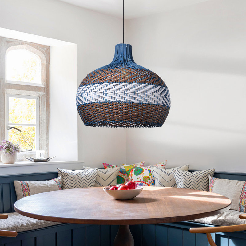 Unique Blue Rattan Pendant Light,Basket Chandelier for  Kitchen Hallway Dining Farmhouse, 21.65" H x 23.62" W x 23.62" D