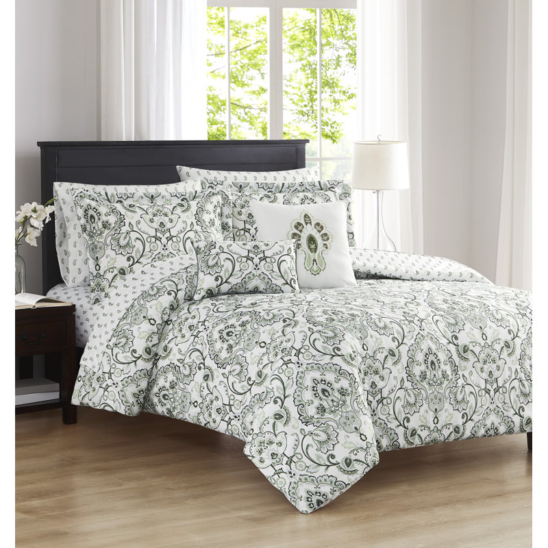 Ensemble d'édredon Charlette avec ensemble de draps assorti, Très grand édredon et 8 pièces supplémentaires, Sauge damassé