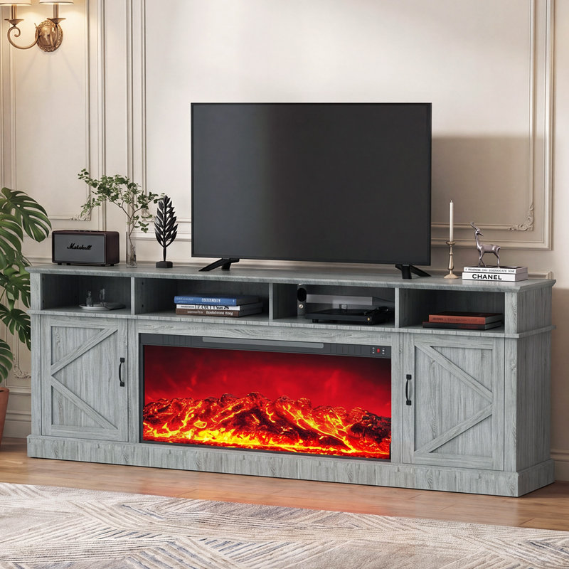 Meuble télé avec foyer électrique 90 po, armoires à deux portes avec minuterie et température réglable, Gris