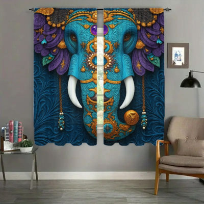 2Pcs Exotic Elephant Pattern Curtains, Unique Bohemian Style Blue Purple Window Drapes For Living Room Bedroom Kitchen, Rod Pocket Decor